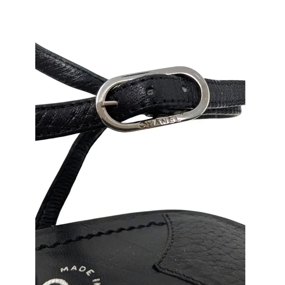 Chanel Big Logo Filigree Thong T-Strap Flat Sandal Black Leather Silver 38 | 7.5